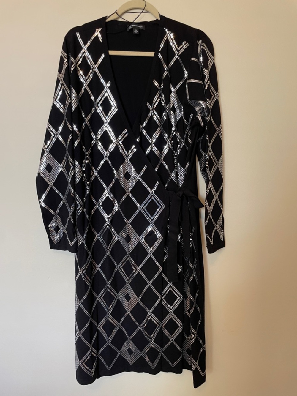 INC International Concepts Black Wrap Dress with Silver Diamond Pattern - NWOT
